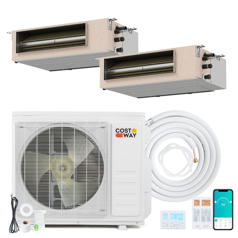 X-Pro 18000 BTU 2 Zone Concealed Ducted Mini Split AC, 24 SEER2 WiFi Inverter Split Air Conditioner w/ Heat Pump, Wall Thermostat & Line Set
