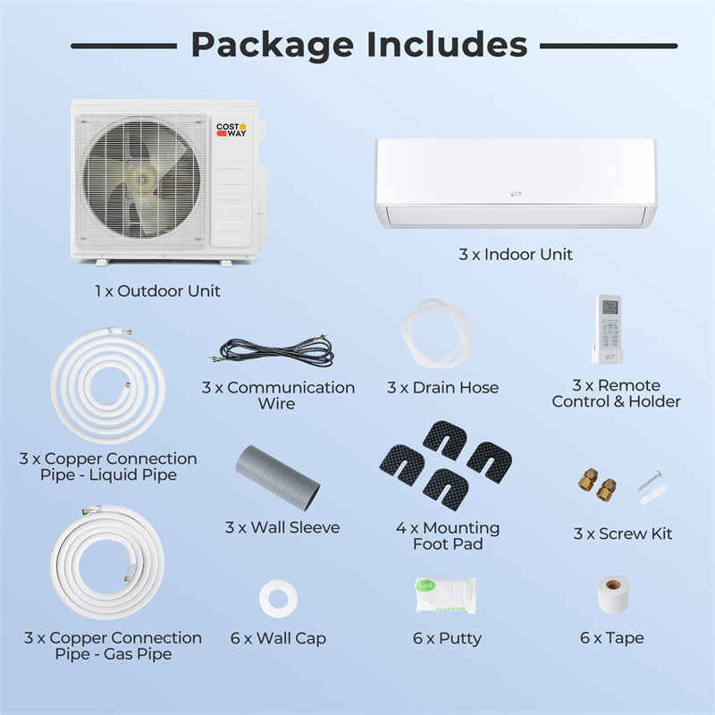 X-Pro 27000 BTU 3-Zone Mini Split Air Conditioner, 24 SEER2 WiFi Enabled Energy Star Inverter Ductless AC & Heat Pump System w/ Line Set