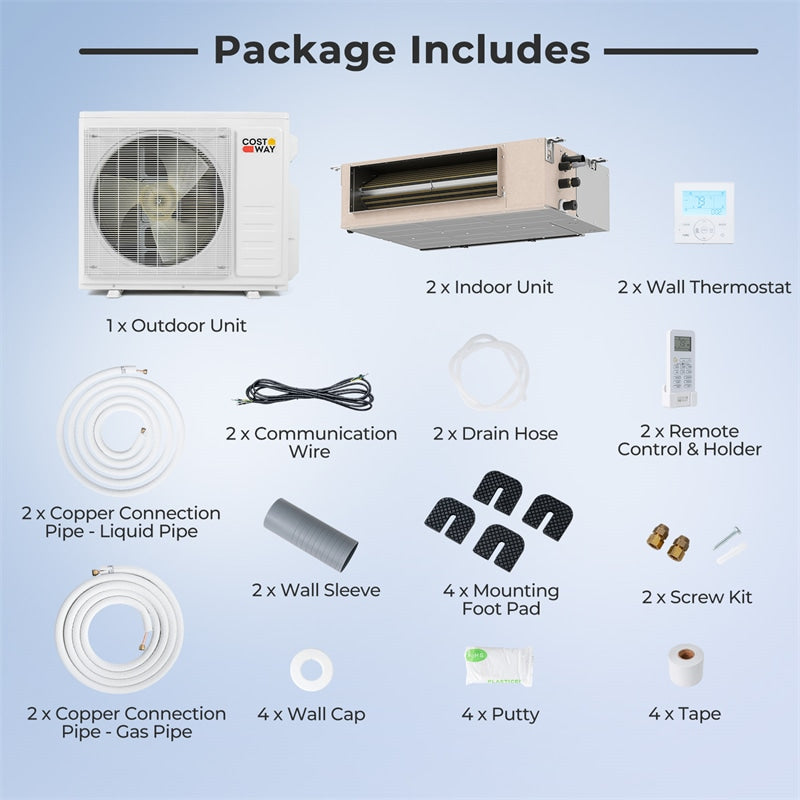 X-Pro 35000 BTU 2 Zone Concealed Ducted Mini Split AC, 22.5 SEER2 WiFi Inverter Split Air Conditioner & Heat Pump System with Wall Thermostat