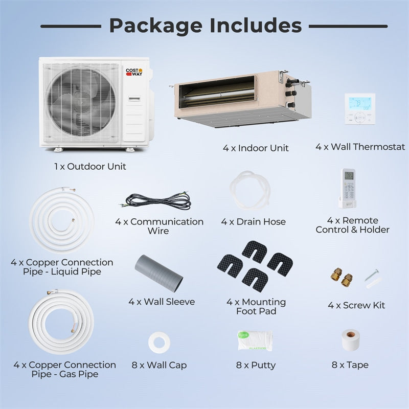 X-Pro 35000 BTU 4 Zone Concealed Ducted Mini Split AC, 22.5 SEER2 WiFi Inverter Split Air Conditioner & Heat Pump w/ Wall Thermostat