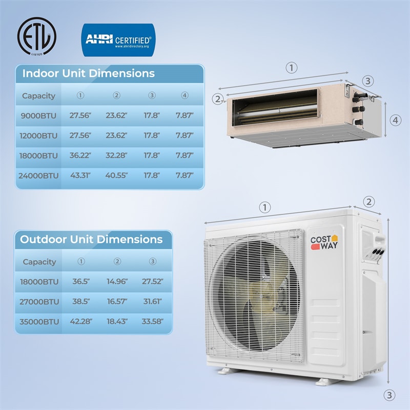 X-Pro 35000 BTU 4 Zone Concealed Ducted Mini Split AC, 22.5 SEER2 WiFi Inverter Split Air Conditioner & Heat Pump w/ Wall Thermostat