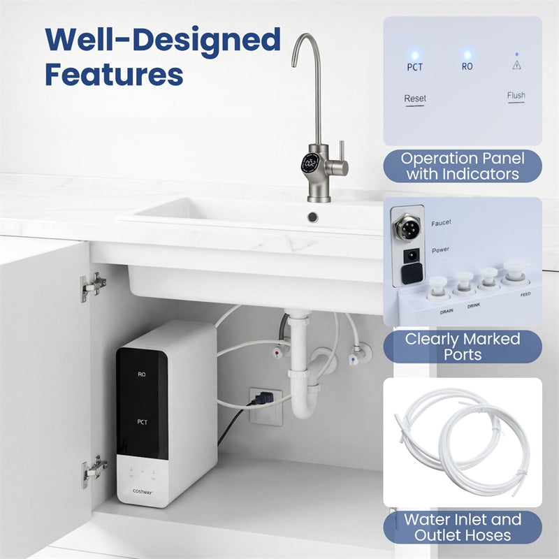 AW-RB05 Alkaline PH+ Reverse Osmosis Water Filter, 8-Stage 800 GPD Tankless Under Sink RO System, Smart LED Faucet, 2:1 Pure to Drain Ratio