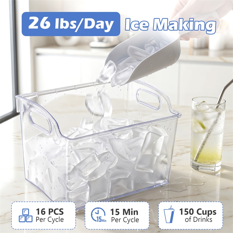 Crescent Ice Maker Countertop, 26 Lbs/24H Ice Machine w/ 11 Ice Thickness Levels, 16 Cubes in 15 Mins, Self-Cleaning & Timer for Home Office Party Bar