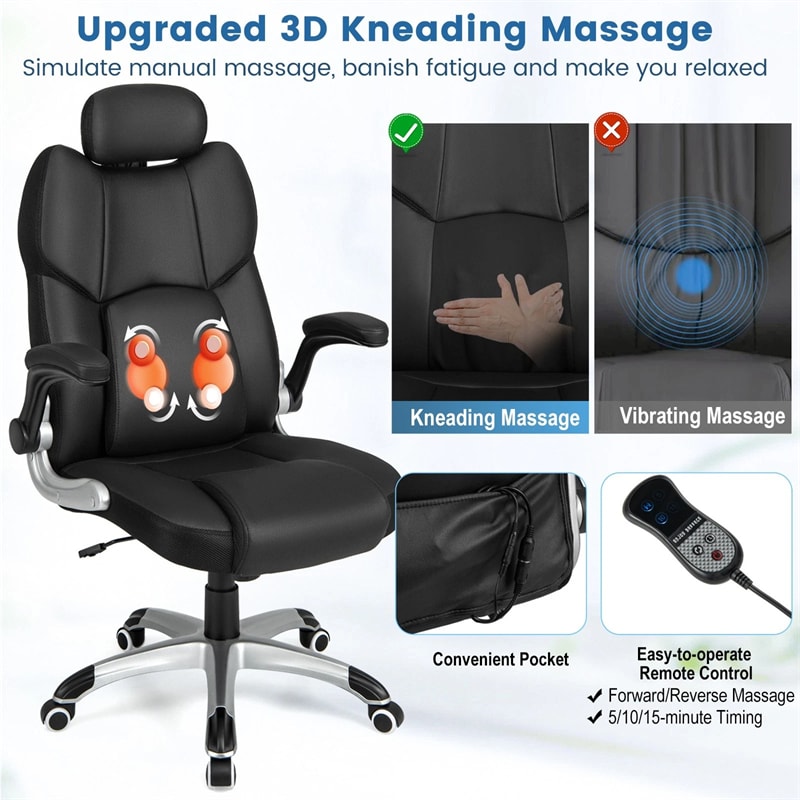 Executive 3D Kneading Massage Office Chair w/ Remote Control, PU Leather Computer Desk Chair w/ Flip-up Armrests, Adjustable Headrest & Lumbar Support