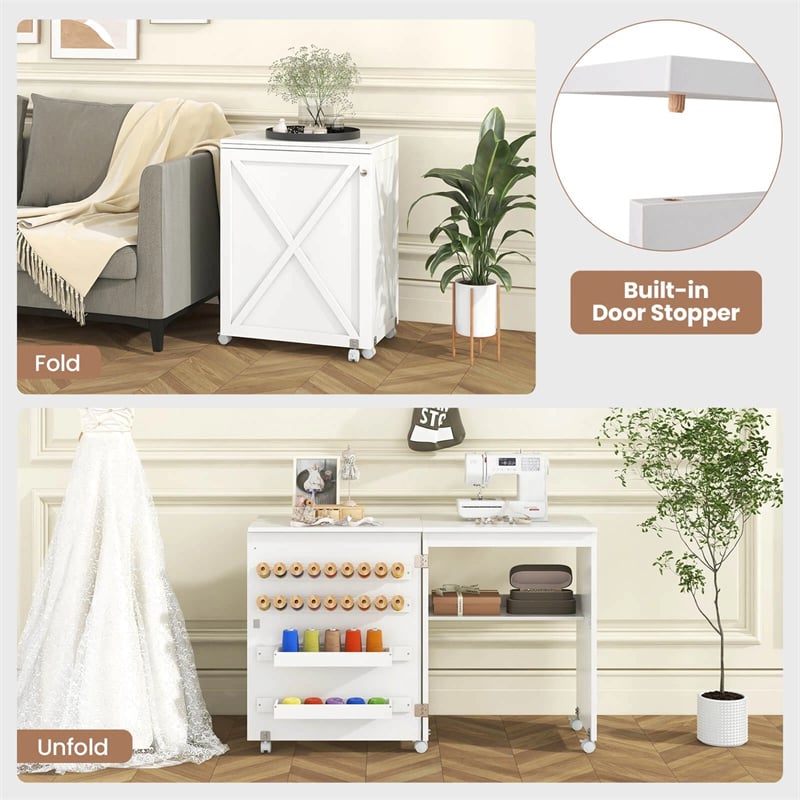 Folding Sewing Table, Farmhouse Sewing Machine Cabinet w/ Barn Door, 18 Pegs & 2 Trays, Rolling Craft Station Side Desk w/ Lockable Wheels