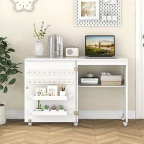 Folding Sewing Table, Farmhouse Sewing Machine Cabinet w/ Barn Door, 18 Pegs & 2 Trays, Rolling Craft Station Side Desk w/ Lockable Wheels