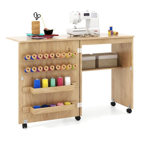 Folding Sewing Table, Farmhouse Sewing Machine Cabinet w/ Barn Door, 18 Pegs & 2 Trays, Rolling Craft Station Side Desk w/ Lockable Wheels
