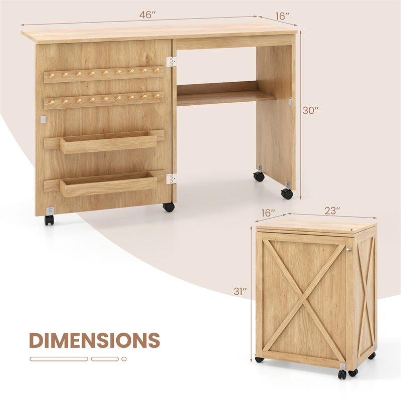 Folding Sewing Table, Farmhouse Sewing Machine Cabinet w/ Barn Door, 18 Pegs & 2 Trays, Rolling Craft Station Side Desk w/ Lockable Wheels