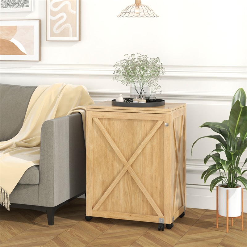 Folding Sewing Table, Farmhouse Sewing Machine Cabinet w/ Barn Door, 18 Pegs & 2 Trays, Rolling Craft Station Side Desk w/ Lockable Wheels