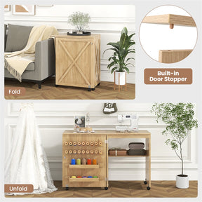 Folding Sewing Table, Farmhouse Sewing Machine Cabinet w/ Barn Door, 18 Pegs & 2 Trays, Rolling Craft Station Side Desk w/ Lockable Wheels