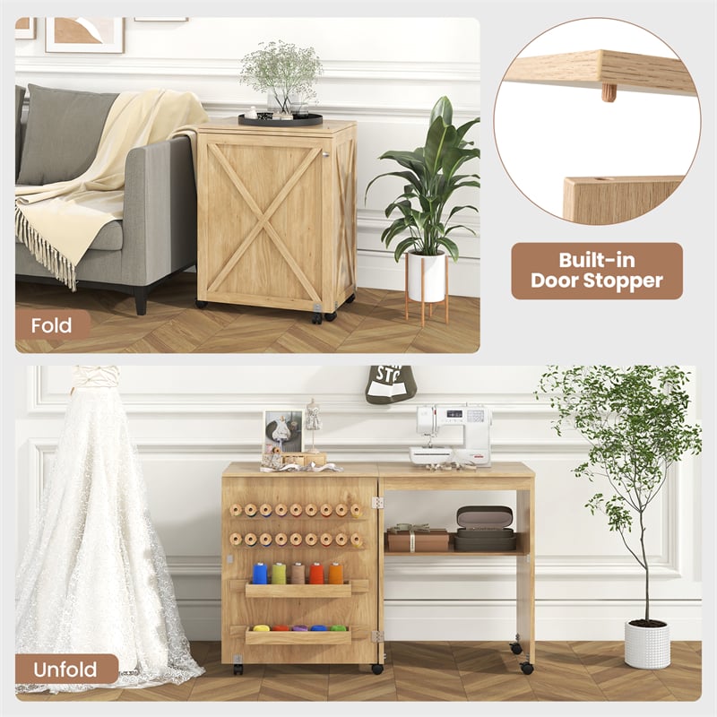 Folding Sewing Table, Farmhouse Sewing Machine Cabinet w/ Barn Door, 18 Pegs & 2 Trays, Rolling Craft Station Side Desk w/ Lockable Wheels