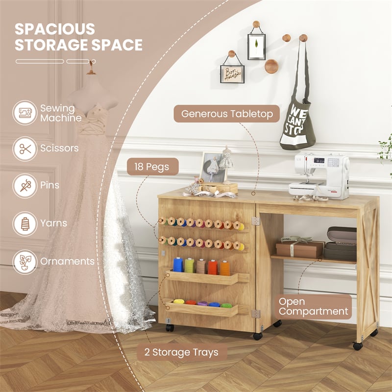 Folding Sewing Table, Farmhouse Sewing Machine Cabinet w/ Barn Door, 18 Pegs & 2 Trays, Rolling Craft Station Side Desk w/ Lockable Wheels