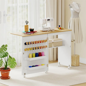 Folding Sewing Table, Farmhouse Sewing Machine Cabinet w/ Barn Door, 18 Pegs & 2 Trays, Rolling Craft Station Side Desk w/ Lockable Wheels