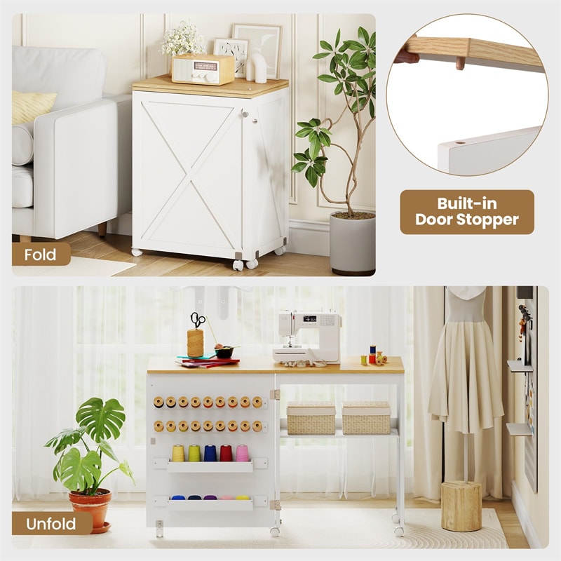Folding Sewing Table, Farmhouse Sewing Machine Cabinet w/ Barn Door, 18 Pegs & 2 Trays, Rolling Craft Station Side Desk w/ Lockable Wheels