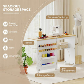 Folding Sewing Table, Farmhouse Sewing Machine Cabinet w/ Barn Door, 18 Pegs & 2 Trays, Rolling Craft Station Side Desk w/ Lockable Wheels