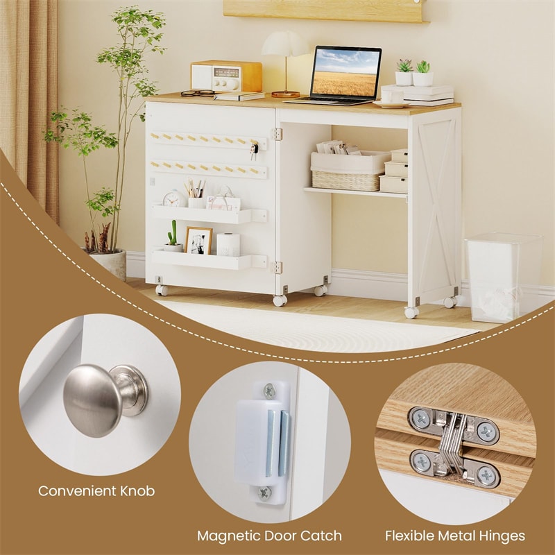 Folding Sewing Table, Farmhouse Sewing Machine Cabinet w/ Barn Door, 18 Pegs & 2 Trays, Rolling Craft Station Side Desk w/ Lockable Wheels