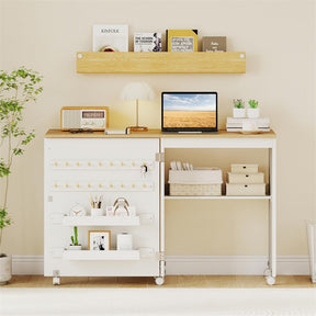 Folding Sewing Table, Farmhouse Sewing Machine Cabinet w/ Barn Door, 18 Pegs & 2 Trays, Rolling Craft Station Side Desk w/ Lockable Wheels