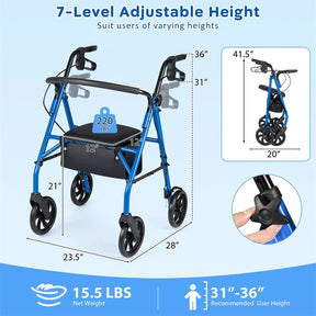 Foldable Rollator Walker with Seat & Height Adjustable Handles for Seniors, Lightweight Portable Rolling Walker w/ 8" Wheels & Storage Basket
