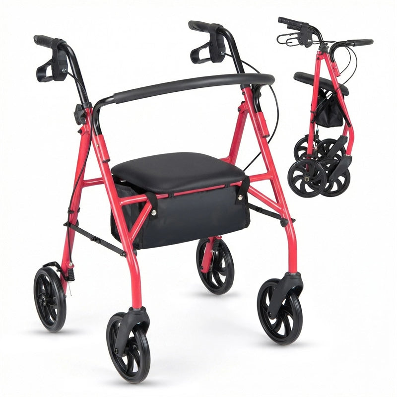 Foldable Rollator Walker with Seat & Height Adjustable Handles for Seniors, Lightweight Portable Rolling Walker w/ 8" Wheels & Storage Basket