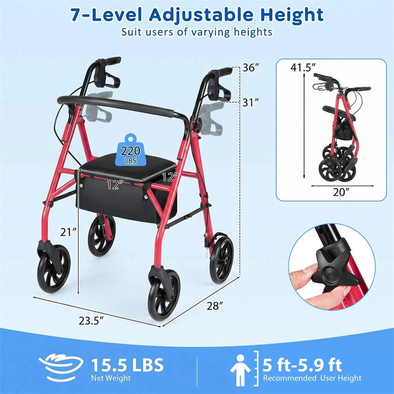 Foldable Rollator Walker with Seat & Height Adjustable Handles for Seniors, Lightweight Portable Rolling Walker w/ 8" Wheels & Storage Basket
