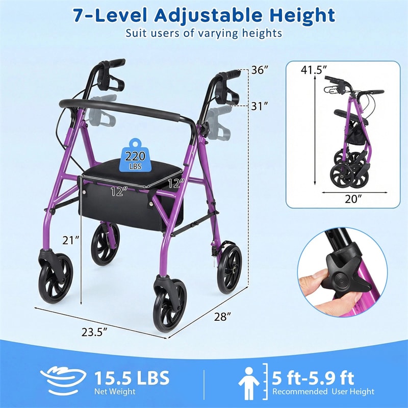 Foldable Rollator Walker with Seat & Height Adjustable Handles for Seniors, Lightweight Portable Rolling Walker w/ 8" Wheels & Storage Basket