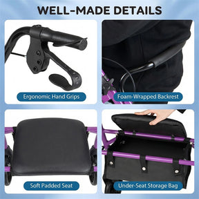 Foldable Rollator Walker with Seat & Height Adjustable Handles for Seniors, Lightweight Portable Rolling Walker w/ 8" Wheels & Storage Basket