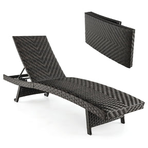 Folding Patio Chaise Lounge Chair, Quick Dry Foam Padded Rattan Recliner with 5-Level Adjustable Backrest & Wheels for Outdoor Backyard Garden