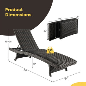 Folding Patio Chaise Lounge Chair, Quick Dry Foam Padded Rattan Recliner with 5-Level Adjustable Backrest & Wheels for Outdoor Backyard Garden