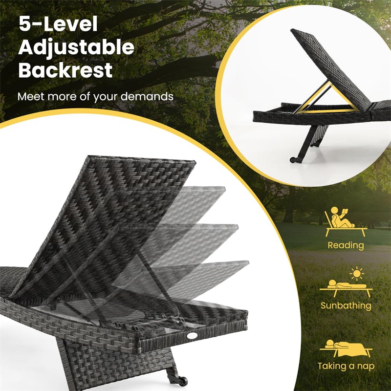 Folding Patio Chaise Lounge Chair, Quick Dry Foam Padded Rattan Recliner with 5-Level Adjustable Backrest & Wheels for Outdoor Backyard Garden
