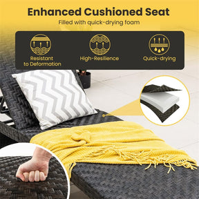 Folding Patio Chaise Lounge Chair, Quick Dry Foam Padded Rattan Recliner with 5-Level Adjustable Backrest & Wheels for Outdoor Backyard Garden