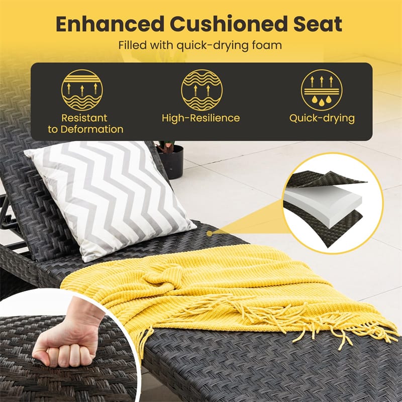 Folding Patio Chaise Lounge Chair, Quick Dry Foam Padded Rattan Recliner with 5-Level Adjustable Backrest & Wheels for Outdoor Backyard Garden