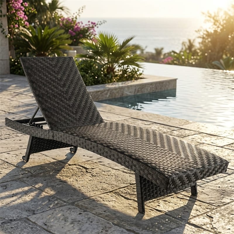 Folding Patio Chaise Lounge Chair, Quick Dry Foam Padded Rattan Recliner with 5-Level Adjustable Backrest & Wheels for Outdoor Backyard Garden