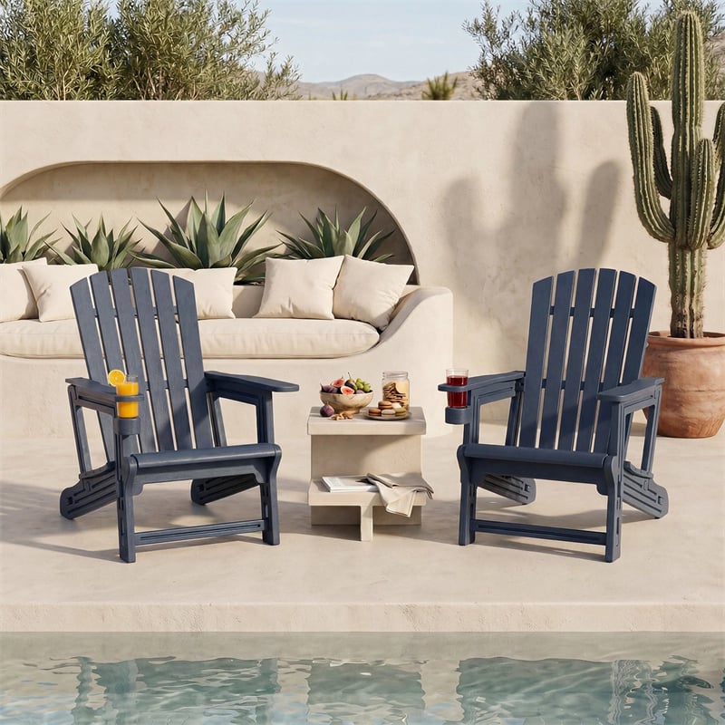 HDPE Adirondack Chair, All-Weather Patio Chair with Cup Holder, Wood-Like Texture, High Back & Wide Seat, 330LBS Outdoor Fire Pit Chair