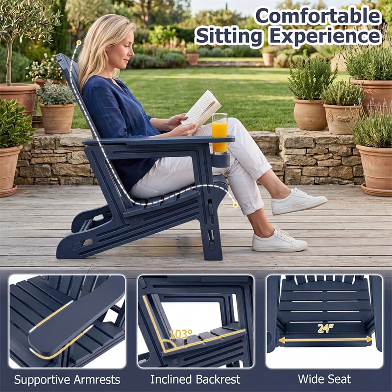 HDPE Adirondack Chair, All-Weather Patio Chair with Cup Holder, Wood-Like Texture, High Back & Wide Seat, 330LBS Outdoor Fire Pit Chair