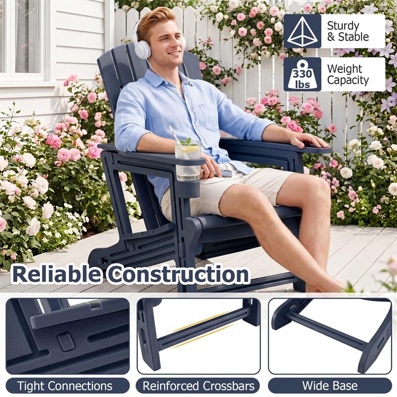 HDPE Adirondack Chair, All-Weather Patio Chair with Cup Holder, Wood-Like Texture, High Back & Wide Seat, 330LBS Outdoor Fire Pit Chair
