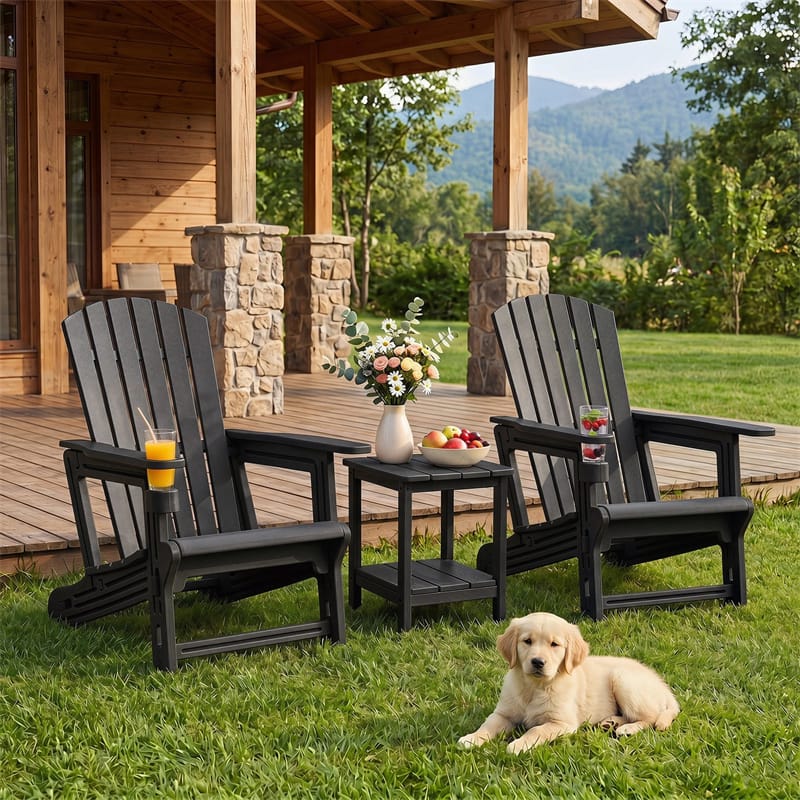 HDPE Adirondack Chair, All-Weather Patio Chair with Cup Holder, Wood-Like Texture, High Back & Wide Seat, 330LBS Outdoor Fire Pit Chair