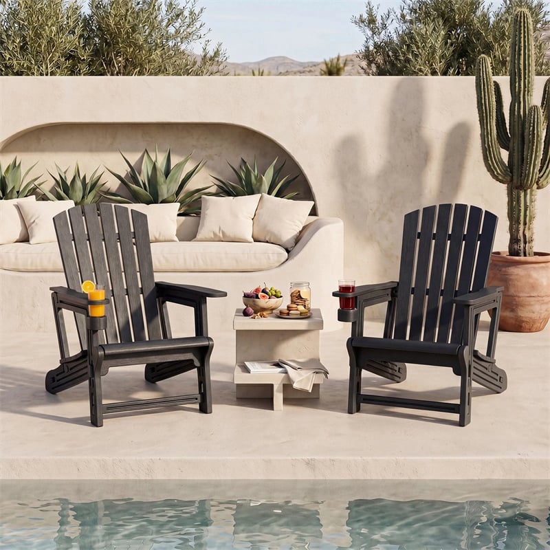 HDPE Adirondack Chair, All-Weather Patio Chair with Cup Holder, Wood-Like Texture, High Back & Wide Seat, 330LBS Outdoor Fire Pit Chair