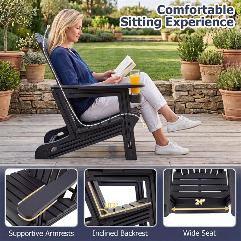 HDPE Adirondack Chair, All-Weather Patio Chair with Cup Holder, Wood-Like Texture, High Back & Wide Seat, 330LBS Outdoor Fire Pit Chair