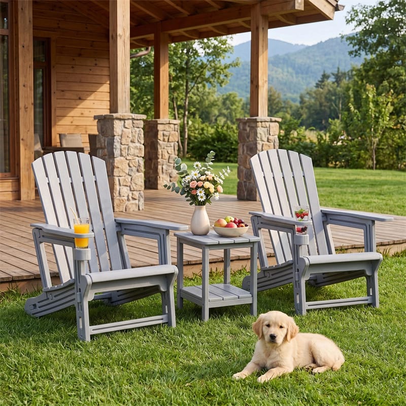 HDPE Adirondack Chair, All-Weather Patio Chair with Cup Holder, Wood-Like Texture, High Back & Wide Seat, 330LBS Outdoor Fire Pit Chair