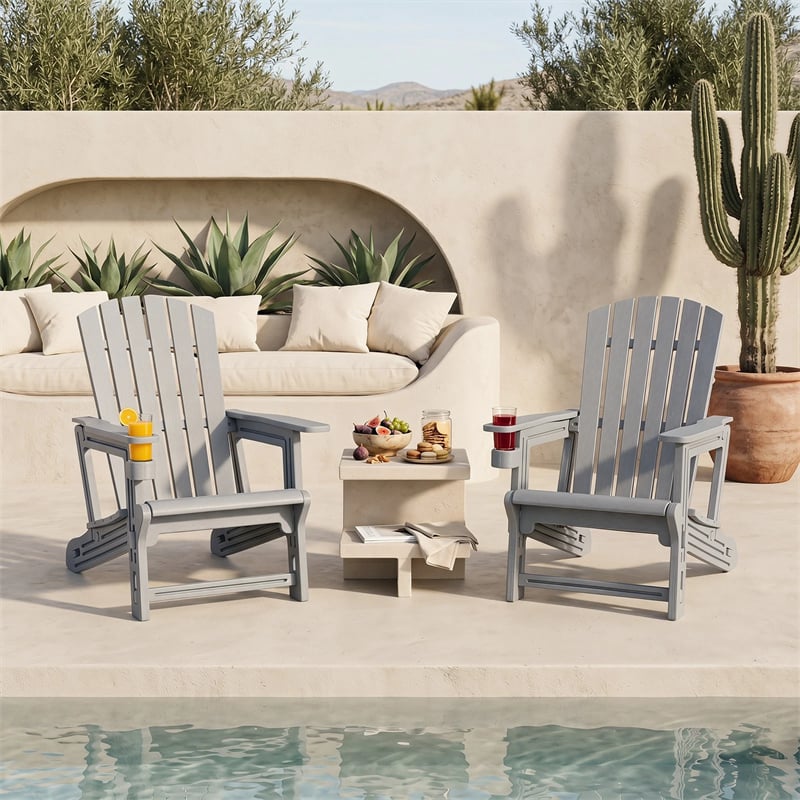 HDPE Adirondack Chair, All-Weather Patio Chair with Cup Holder, Wood-Like Texture, High Back & Wide Seat, 330LBS Outdoor Fire Pit Chair