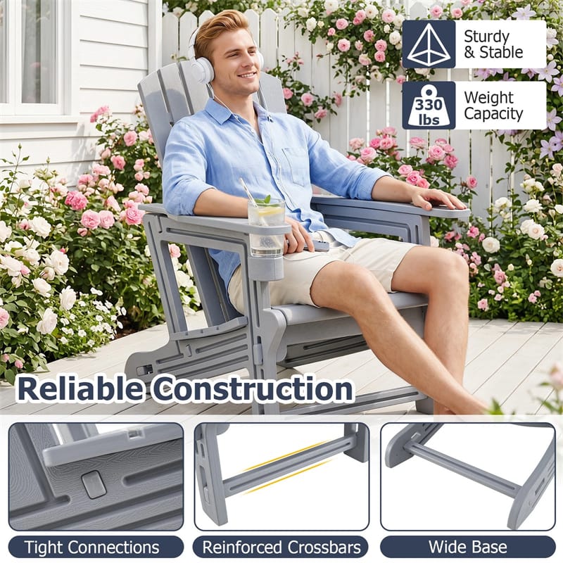HDPE Adirondack Chair, All-Weather Patio Chair with Cup Holder, Wood-Like Texture, High Back & Wide Seat, 330LBS Outdoor Fire Pit Chair