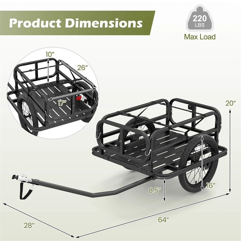 Heavy-Duty Bike Cargo Trailer, 220 LBS Metal Bicycle Wagon Cart w/ Universal Hitch & 16" All-Terrain Tires, Luggage Wagon Trailer for Camping Shopping