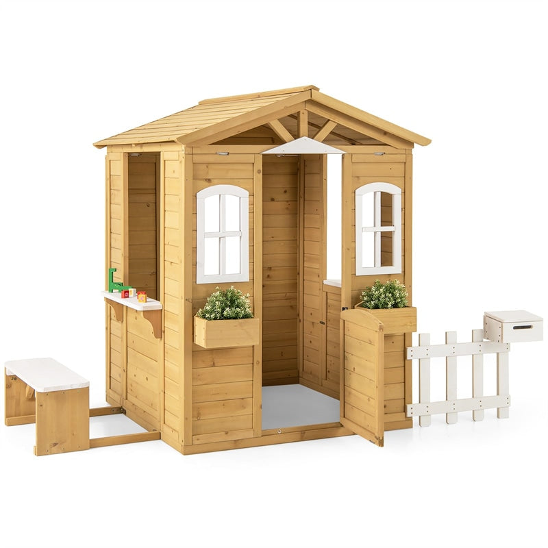Kids Wood Outdoor Playhouse, Backyard Cottage with Picnic Bench, Serving Station, Mailbox & Fence, Wooden Garden Play House for Boys & Girls