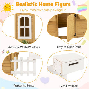 Kids Wood Outdoor Playhouse, Backyard Cottage with Picnic Bench, Serving Station, Mailbox & Fence, Wooden Garden Play House for Boys & Girls