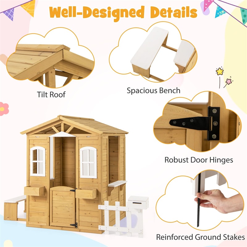Kids Wood Outdoor Playhouse, Backyard Cottage with Picnic Bench, Serving Station, Mailbox & Fence, Wooden Garden Play House for Boys & Girls