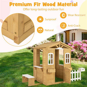 Kids Wood Outdoor Playhouse, Backyard Cottage with Picnic Bench, Serving Station, Mailbox & Fence, Wooden Garden Play House for Boys & Girls