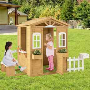 Kids Wood Outdoor Playhouse, Backyard Cottage with Picnic Bench, Serving Station, Mailbox & Fence, Wooden Garden Play House for Boys & Girls