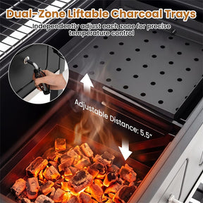 Large Charcoal Grill, 752 sq.in Oversized Outdoor BBQ Smoker with Individual Lifting Charcoal Trays, Folding Side Tables, Wheels & Protective Cover