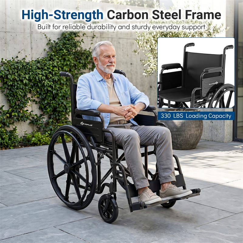 Lightweight Folding Wheelchair for Adults with Swing-Away Footrest & Desk Arm, Portable Travel Transport Wheelchair