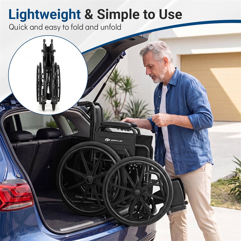 Lightweight Folding Wheelchair for Adults with Swing-Away Footrest & Desk Arm, Portable Travel Transport Wheelchair